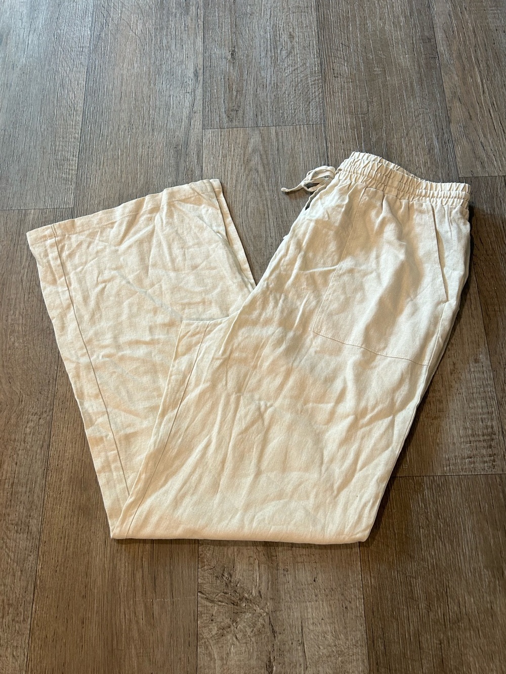 Cream Linen Blend Wide Leg Drawstring Pants with Large Pockets. Size: XL